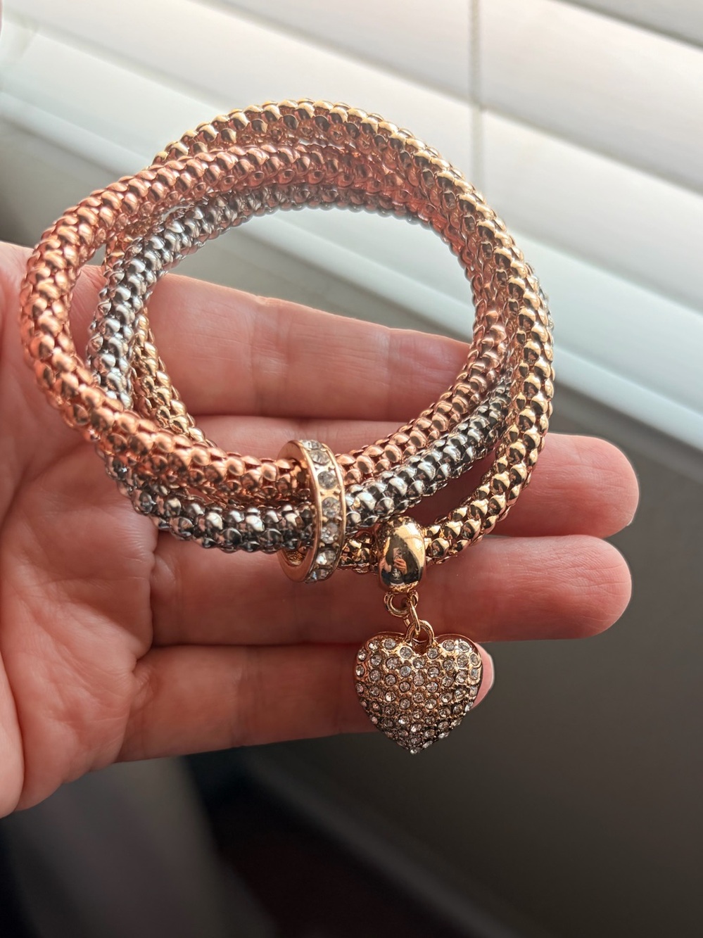 Multi-Tone Crystal Heart Charm Coil Bracelet - Rose Gold & Silver